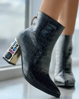 Женская обувь, модные черные сапоги на высоком каблуке с острым носком, сапоги на массивном каблуке из искусственной кожи с контрастными панелями из крокодиловой кожи