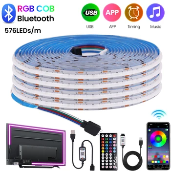 5V USB RGB COB Светодиодная лента, Дистанционное управление приложением Bluetooth, 576 светодиодов / м, Гибкая красочная Линейная лента высокой плотности, подсветка телевизора