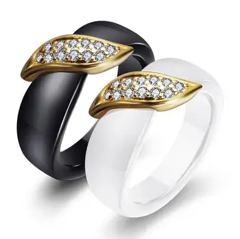 Модные украшения, черное Белое Женское кольцо, кристалл, золотой лист, керамические кольца для женщин, обручальное кольцо, подарок