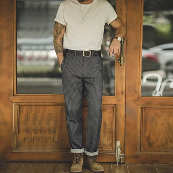 Maden Спецодежда Американские ретро Серые джинсы прямого кроя Amekaji Полосатые длинные брюки мужские осенние