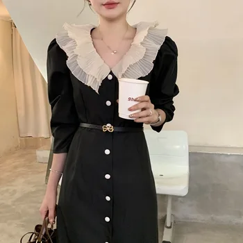 Винтажное Длинное платье-рубашка с кожаным поясом 2022, женские осенние однобортные платья с длинными рукавами, двухслойный воротник с лацканами