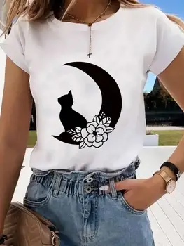 Женская одежда с коротким рукавом и принтом, весна-лето, женская футболка, модный тренд Cat Moon, милая футболка, женская футболка с рисунком