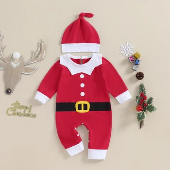Мой первый Рождественский наряд, костюм Санта-Эльфа для новорожденного, комбинезон с длинным рукавом, комбинезон со шляпой, рождественская нарядная одежда