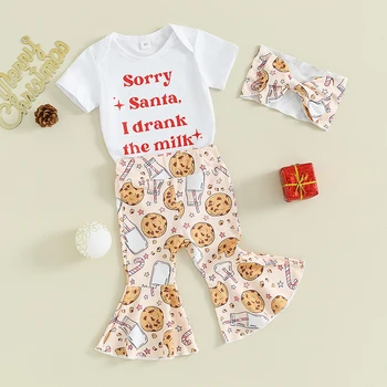 Рождественская одежда для маленьких девочек, Комбинезон с короткими рукавами и буквенным принтом, Расклешенные брюки с мультяшным рисунком, Повязка на голову с бантом