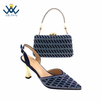 Новинка 2023 года, стиль INS, темно-синий цвет, Элегантные туфли на высоком каблуке, Популярный дизайн в Нигерии, африканские женские туфли и сумка в комплекте