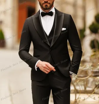 Новый черный деловой костюм, Мужские смокинги, костюм жениха для выпускного вечера, Свадебная вечеринка, официальный комплект из 3 предметов, куртка, жилет, брюки B40