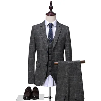 Банкетный мужской костюм, однорядный, на двух пуговицах, офисный деловой повседневный английский клетчатый костюм, одежда для выступлений, пепельно-черный