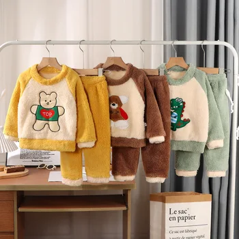 Новый детский фланелевый пижамный комплект осень-зима для мужчин и девочек из кораллового бархата, усиленный бархатной домашней одеждой