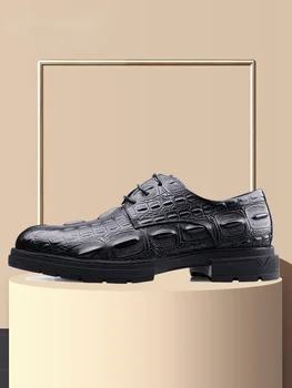 Новые мужские деловые туфли из воловьей кожи с рисунком крокодиловой кожи на толстой подошве С круглым носком на шнуровке