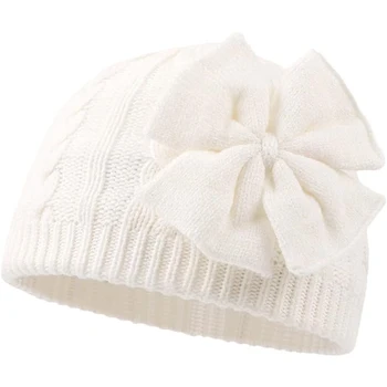 Зимняя теплая вязаная детская шапочка для девочек с хлопковой подкладкой для маленьких девочек, осенняя классическая шапочка с милым бантом для девочек от 0 до 6 лет
