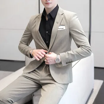 2023 Новая мужская 5-цветная корейская версия Slim (костюм + брюки) Костюм на спине, комплект из двух предметов, элегантный повседневный свадебный костюм из полиэстера