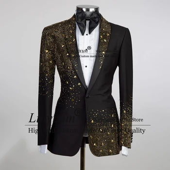 Роскошный мужской костюм с бриллиантами, расшитый бисером, комплекты из 2 предметов, смокинг для выпускного вечера жениха, блестящие блейзеры для званого ужина, брюки, костюм Homme