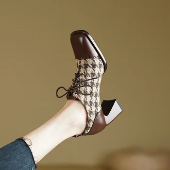 2023 Весенняя Женская обувь; Обувь Ручной Работы Из Натуральной Кожи С Квадратным Носком На Массивном каблуке; Женские туфли-лодочки на шнуровке; Женская обувь на Высоком каблуке