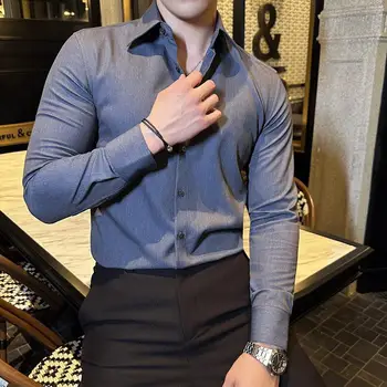 Высококачественная однотонная деловая рубашка, мужские повседневные рубашки с длинным рукавом и лацканами, блузка-смокинг для светской вечеринки, мужская одежда 2023 г.