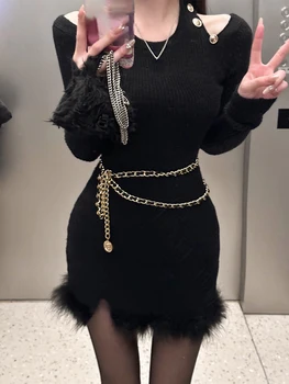 2023 Весеннее вязаное платье-свитер Женское Сексуальное Тонкое цельнокроеное платье Корейская мода Элегантное облегающее Черное мини-платье Y2k Женское