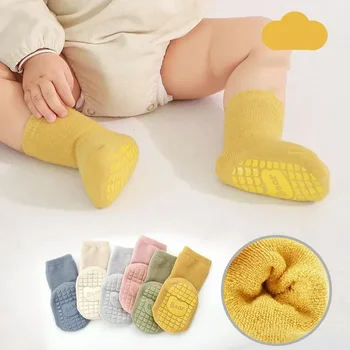 Осенне-зимний теплый носок для младенцев, однотонный носок до икры для детей, для маленьких мальчиков и девочек, Махровый утепленный нескользящий носок в пол