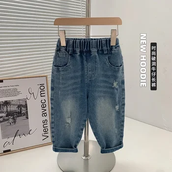 Новые весенние детские брюки 2023 года, красивые рваные джинсы в корейском стиле, детские прямые брюки в стиле ретро