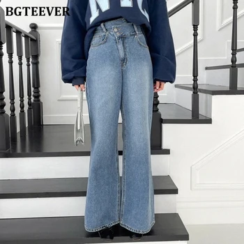 Стильные женские джинсовые брюки BGTEEVER с высокой талией, широкие, винтажные, свободные, на двух пуговицах, женские расклешенные джинсовые брюки