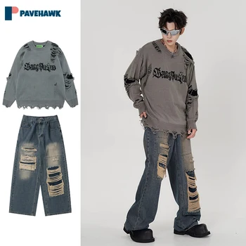 Мужской весенний комплект Harajuku, винтажные поддельные трикотажные свитера с дырками из двух предметов + прямые широкие джинсы, комплекты из двух предметов, мужской костюм в стиле хип-хоп