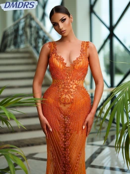 Сексуальное иллюзионное платье для выпускного вечера с открытой спиной, Роскошное вечернее платье с бисером и кристаллами, блестящие оранжевые Длинные коктейльные платья для официальных мероприятий