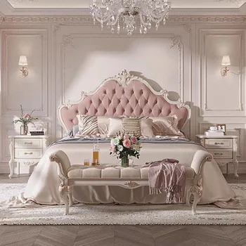 Двуспальная деревянная кровать Light Для девочек, Роскошная Французская кровать Deluxe Light Princess Kids Cabeceiras Para Cama, Аксессуары для мебели для спальни