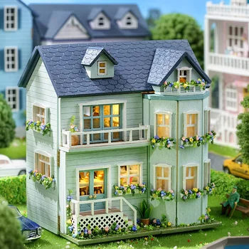 Набор миниатюрных домиков CUTEBEE DIY Деревянная мебель для кукольного домика со светодиодной подсветкой, модель мини-дома, виллы, сада, игрушка в подарок на день рождения