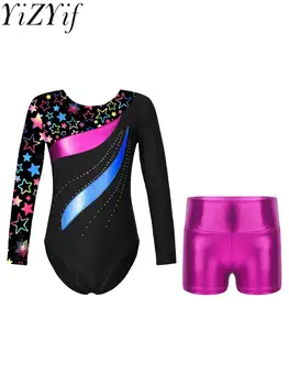 Детский балетный гимнастический купальник для девочек, боди с длинным рукавом и шортами для выступлений на коньках, спортивные купальники