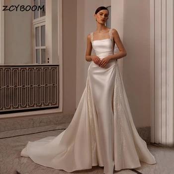 Атласный Съемный шлейф 2 В 1 Свадебные платья Русалки 2024 без рукавов с жемчугом, бисером, кружевными аппликациями, платья невесты, Vestido De Novia