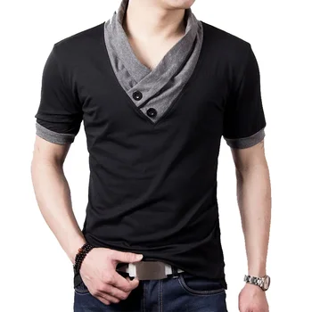 B8051 Тонкая хлопковая черная футболка с V-образным вырезом в стиле пэчворк, мужские топы и тройники на пуговицах