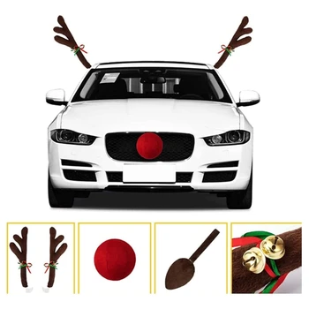 Рождественские украшения для автомобилей, оленьи рога для автомобиля, 3шт автомобильные рога и нос для автомобиля, рождественские украшения