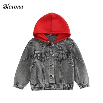 Blotona/ Джинсовая куртка для мальчиков И девочек, Верхняя Одежда, Джинсовая куртка с капюшоном в стиле Пэчворк, Пальто на пуговицах с длинным рукавом для Детей, 18 месяцев -6 лет