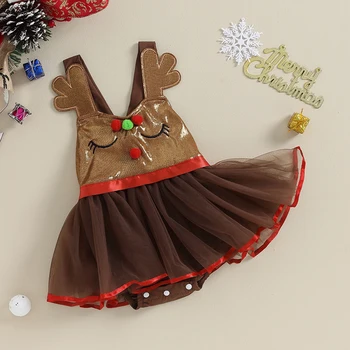 Рождественская одежда для новорожденной девочки, платье-ползунки с длинными рукавами и оборками, комбинезон с повязкой на голову, комплект одежды