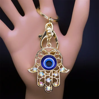 Цепочка для ключей с кристаллами Hamsa Hands Turkey Evil Blue Eye для мужчин и женщин, Греческий брелок для защиты глаз, Подарочные украшения chaveiro KXHK1336S01