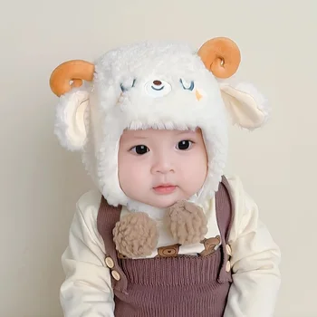 Корейская детская шапка, осенне-зимняя Плюшевая шапка, Детская шапка для мальчиков и девочек, Милый ягненок, теплая Ветрозащитная Зимняя шапочка для защиты ушей, Детская шапочка для младенцев