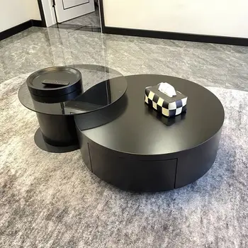 Черный журнальный столик из массива дерева Круглый Современный Итальянский Простой Стеклянный кофейный шкаф для хранения мебели для гостиной на полу