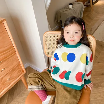 Осенне-зимние Повседневные трикотажные свитера в разноцветный горошек для девочек, хлопковые пуловеры контрастного цвета с длинными рукавами для мальчиков.