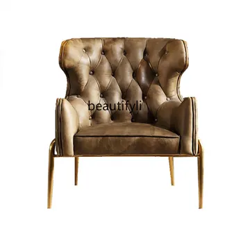 Скандинавское кресло с откидной спинкой из натуральной кожи, Ретро Доступный роскошный одноместный диван, Итальянское современное минималистичное кресло для отдыха
