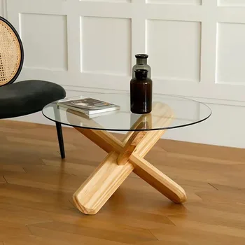 Простой современный журнальный столик из массива дерева в Скандинавском стиле для гостиной, круглый столик из закаленного стекла, Дизайнерский креативный столик Edge Table