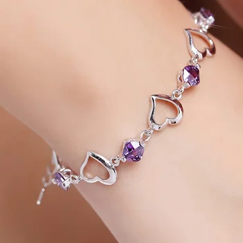 JewelryTop Высококачественный Браслет из стерлингового серебра 925 пробы с фиолетовым кристаллом и цирконом в виде сердца, браслет для женской вечеринки, ювелирные изделия для помолвки