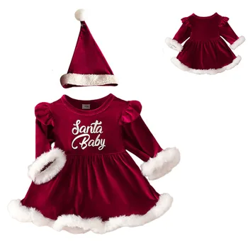 0-24 м Рождественское красное платье для малышей, праздничные платья для девочек + комплект рождественских шляп, костюмы, красное платье с длинными рукавами и круглым вырезом с надписью