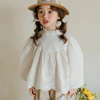 deer jonmi / новинка 2023 года, весенние блузки принцессы в корейском стиле для маленьких девочек, топы с пышными рукавами и вырезами, детские милые рубашки