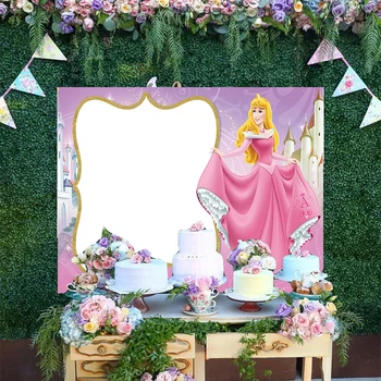 Сказочный замок Диснея, блестящий фон, Спящая Красавица, Аврора, Мультяшное розовое платье принцессы, фон для вечеринки с Днем рождения, баннер