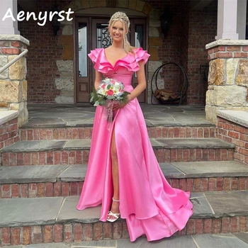 Aenryst Розовые платья для выпускного вечера с V-образным вырезом и оборками, атласные платья трапециевидной формы, вечерние платья с высоким разрезом, платья для официальных мероприятий, длина стрелы.