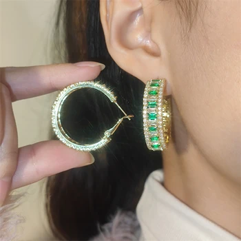 Uilz Роскошные серьги-кольца с зеленым кубическим цирконием для женщин, винтажные серьги-кольца золотого цвета, хрустальные свадебные украшения, прямая поставка