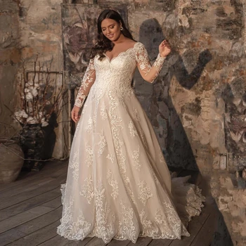 Плюс размер, V-образный вырез, длинные рукава, Vestido De Noiva, Изысканное кружевное свадебное платье с аппликацией, Vestidos De Novia