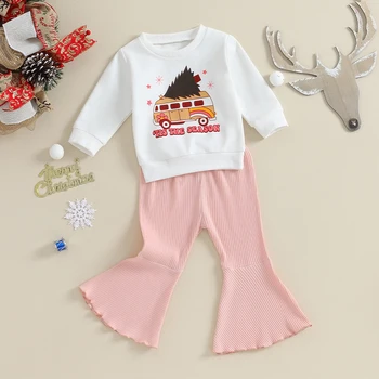 Комплект одежды из 2 предметов для маленьких девочек, Рождественская толстовка с длинными рукавами и эластичными расклешенными брюками с принтом автомобиля Санта-Клауса, милая одежда