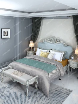 Французская мебель Резьба по дереву в европейском стиле 1,8 М Кровать принцессы Спальня Брачная кровать в американском стиле Двуспальная кровать HR