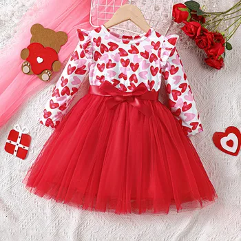 Детские платья с принтом в виде сердечек для девочек от 1 до 5 лет, фатиновое платье принцессы в стиле пэчворк, вечернее платье-пачка, осенне-зимняя детская одежда