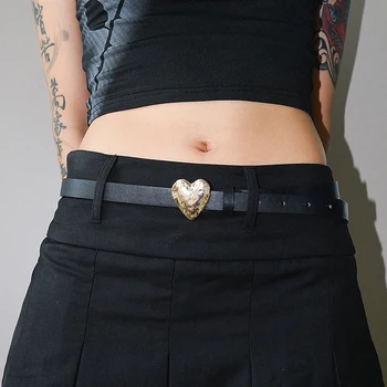 Модный пояс с металлической пряжкой в виде сердца в стиле панк, Женский Черный пояс из искусственной кожи, повседневное платье, Джинсы, поясные ремни