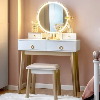 Туалетный столик CHARMAI с Зеркалом с Затемнением сенсорного экрана, Туалетным столиком с 4 Выдвижными ящиками, Столиком для макияжа и Мягким табуретом